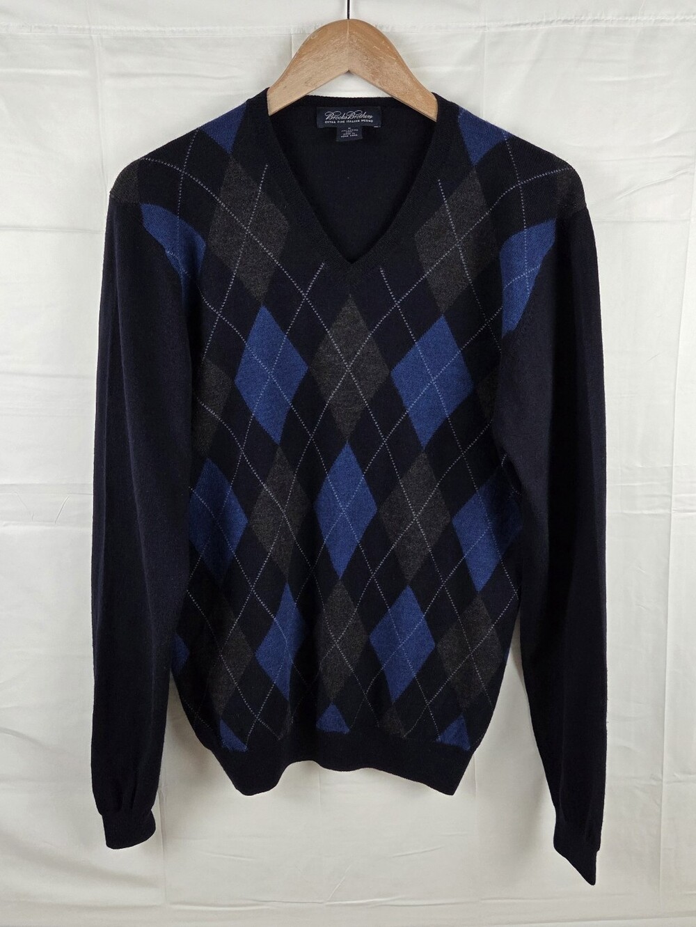 Brooks Brothers Italian Merino Wool Argyle Sweater Mens Medium Blue Pullover V